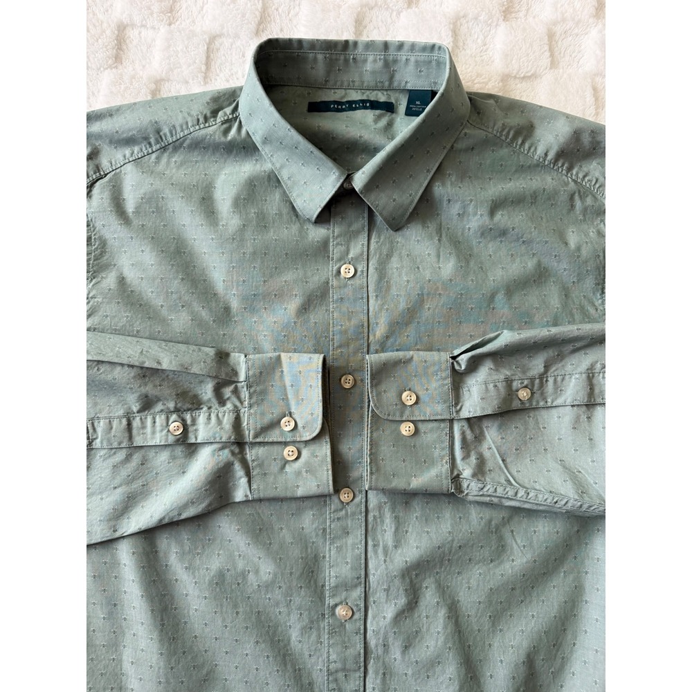Perry Ellis Mens XL Sage Green Dobby Print 100% Cotton Long Sleeve Button Down